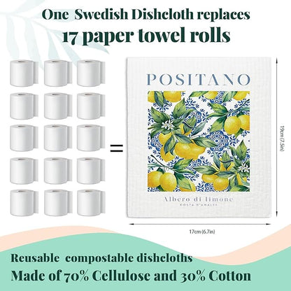Swedish Dishcloths for Kitchen, Papaya Reusable Paper Towels Washable, Vintage Floral Summer Lemon Swedish DishCloths for Friut, 4 Pcs Dish Towels for Kitchen, No Odor Cleaning Cloths
