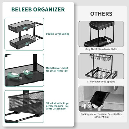 Under Sink Organizer, 2-Pack of 2-Tier Metal Slide Out Pull Out Cabinet Organizer Shelf, Height Adjustable Organization and Storage Series, Bathroom/Desktop/Cabinet/Kitchen Organization, Black