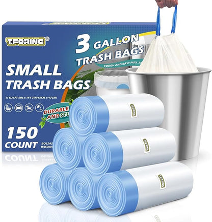 Small Trash Bags 3 Gallon with Drawstirng,150 Count White Bathroom Garbage Bags Unscented,Strong Plastic Can Liners for Toilet Office Car
