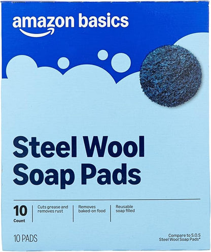 Amazon Basics Steel Wool Soap Pads, Reusable, Cuts Grease and Removes Rust, 10 Count, Pack of 1