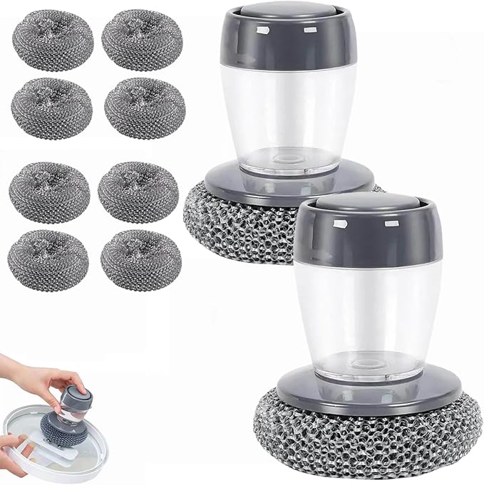 Soap Dispensing Dish Brush, 2 in 1 Kitchen Scrub Brush with Built in Soap Dispenser, Replaceable Dish Scrubber Bristles with Ergonomic Handle for Cleaning Dishes Pots Sinks (2)