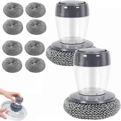 Soap Dispensing Dish Brush, 2 in 1 Kitchen Scrub Brush with Built in Soap Dispenser, Replaceable Dish Scrubber Bristles with Ergonomic Handle for Cleaning Dishes Pots Sinks (2)