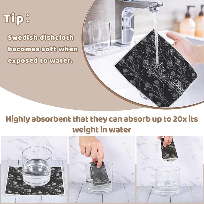 Needbrock 6 Pack Swedish Dishcloths for Kitchen,Swedish Rags Dish Towels with Clips, Reusable Paper Towels Washable Absorbent Cellulose Sponge Cloths No Odor for Cleaning Home Kitchen Gifts for Mom
