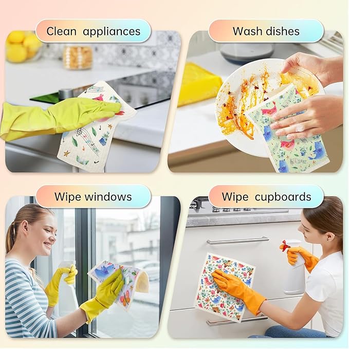 Swedish Dishcloths for Kitchen | 6 Pack Floral Reusable Paper Towels Washable | Swedish Dish Towels | Non-Scratch Cellulose Sponge Cloths | No Odor, Biodegradable Cleaning Cloths, Colorful Birds
