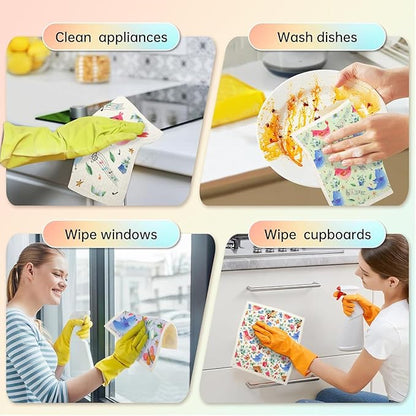 Swedish Dishcloths for Kitchen | 6 Pack Floral Reusable Paper Towels Washable | Swedish Dish Towels | Non-Scratch Cellulose Sponge Cloths | No Odor, Biodegradable Cleaning Cloths, Colorful Birds