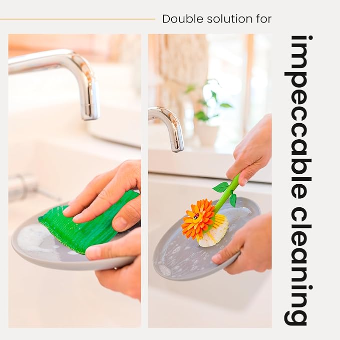 Vigar Flower Power Kitchen Sink Caddy Organizer - Dish Sponge Holder with Flower Dish Brush, Suction Cup & Sponge for Kitchen Sink, Decorative Kitchen Sink Accessories Countertop Storage Set - Orange
