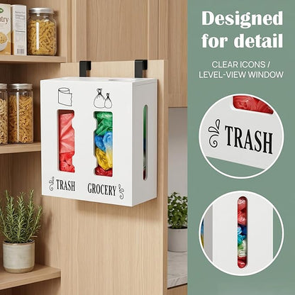 2 in 1 Trash Bag Dispenser and Grocery Bag Holder, Large Wooden Trash Bag Holder,Trash Bag Dispenser for Grocery Bags and Plastic Bags,Kitchen Cabinet Under Sink Organizers and Storage