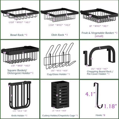 PUSDON Over the Sink Dish Drying Rack, 2 Tier Adjustable Large Capacity Stainless Steel Dish Rack for Kitchen Counter, Heavy Duty Space Saver Organizer with Utensil Holder, Black