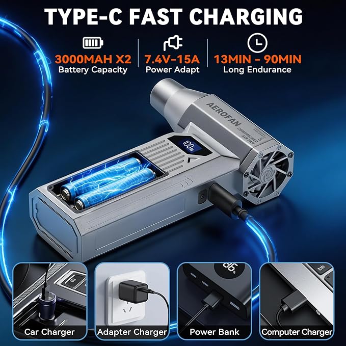 Compressed Air Duster - 160,000RPM Electronic Air Duster with LED Light, 4-Gear Adjustable Mini Turbo Fan Duster, Rechargeable Cordless Air Blower Gun for PC/Keyboard/Car/Home/Outdoor