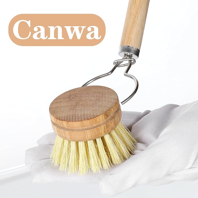 Kifmurase Bamboo Dish Brush with Handle, 10 Pcs Replacement Heads Wooden Kitchen Brush for Dishes, Vegetable Brushes Dish Scrubber for Cleaning Kitchen Room Vegetable Pots and Pans