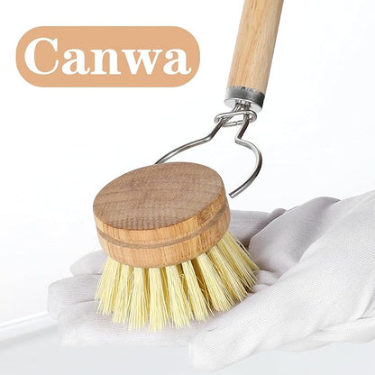 Kifmurase Bamboo Dish Brush with Handle, 10 Pcs Replacement Heads Wooden Kitchen Brush for Dishes, Vegetable Brushes Dish Scrubber for Cleaning Kitchen Room Vegetable Pots and Pans
