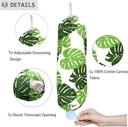 Green Wall Mount Plastic Bag Organizer - Washable Large Grocery Bag Storage Dispenser for Home Kitchen Travelling, Free Adjustment with Drawstring, 22x9