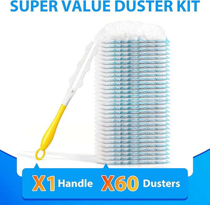 60 Count Duster Refill for Swiffer Duster with 1 Handle - 360° Multi-Surface Larger Size Feather Dusters, Disposable Duster Kit for Cleaning Home, Furniture, Blinds and Ceiling Fans