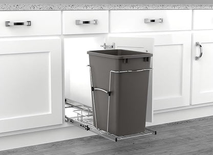 Rev-A-Shelf Single 35 Qt Pullout Trash Can for Base Kitchen Cabinets, Garbage Waste Bin System with Full Extension Slides, Min Opening Width of 11.5", Orion Gray, RV-12KD-13C-S