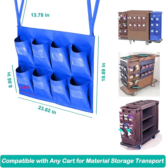 Replacement Janitorial Bag, Waterproof Thickened Commercial 8-Pocket Housekeeping Organizer, Fits Any Cart, Used for Material Storage Transport
