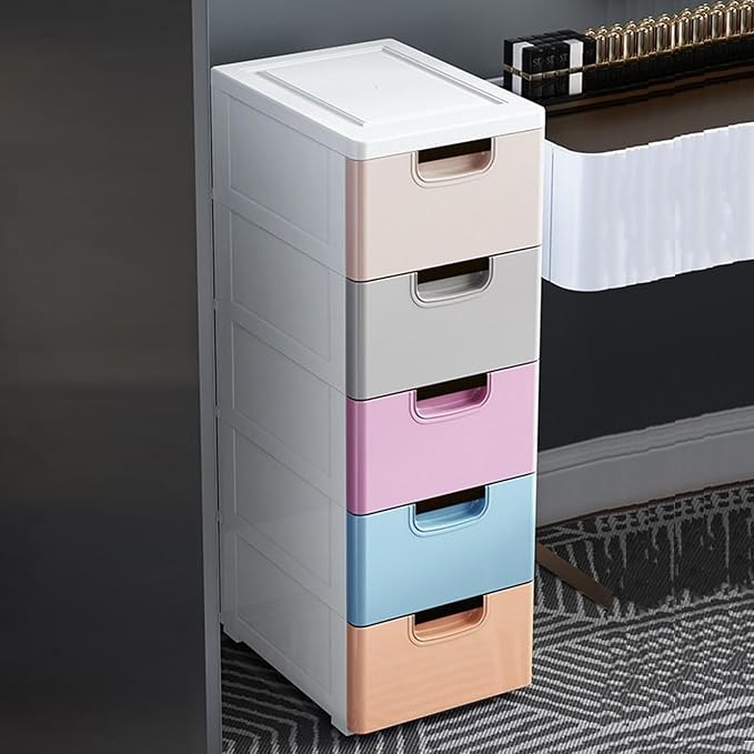 5 Drawer Stackable Storage Tower,Plastic Drawers Dresser,Narrow Rolling Storage Cabinet for Livingroom,Colored