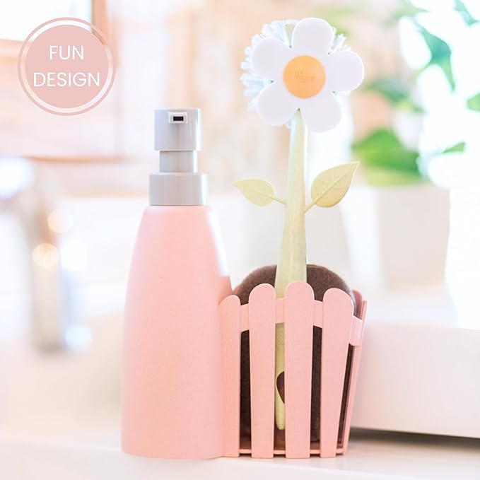 Vigar Florganic Kitchen Sink Caddy Set with Dish Soap Dispenser - Sponge Holder, Decorative Flower Dish Brush & Sponge, Kitchen Sink Organizer, Brush Holder and Soap Caddy for Countertop - Pink