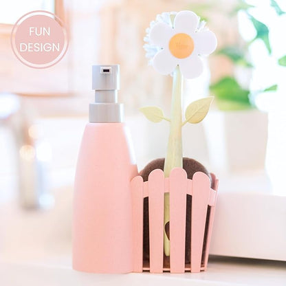 Vigar Florganic Kitchen Sink Caddy Set with Dish Soap Dispenser - Sponge Holder, Decorative Flower Dish Brush & Sponge, Kitchen Sink Organizer, Brush Holder and Soap Caddy for Countertop - Pink
