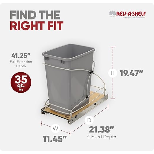 Rev-A-Shelf 35 Qt / 8.75 Gal Steel Bottom Mount Single Pullout Waste Container w/Soft-Close for Base Cabinets, Min Opening Width of 11", Silver, 54WC-1535SC-17-1
