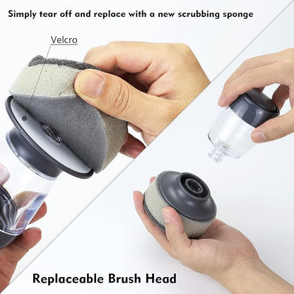 DAPOWER Dish Brush with Soap Dispenser, Kitchen Scrub Brush for Dishes Pots Pans Sink Cleaning, Scrub Sponge Dish Scrubber with Holder Set (Grey Handle & Scrub Sponge)
