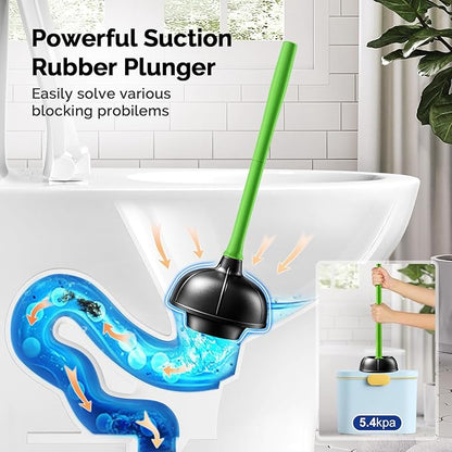 HAMITOR Toilet Plunger Bowl Brush Combo：Heavy Duty Rubber for Drain Clog Remover - Curved Design Bristles for Deep Cleaning Under Rim - Compact Bathroom Cleaning Tools for New Homet Essentials-Green