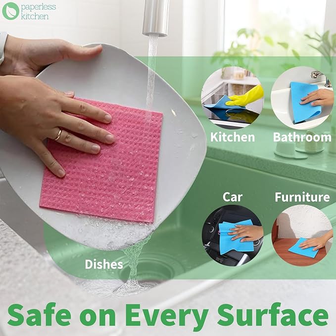 Reusable Swedish Dishcloths (4 Pack) – Ultra Absorbent, Eco-Friendly Kitchen Cleaning Cloths – Paper Towel Alternative for Dishes, Counters, Glass & Everyday Wiping