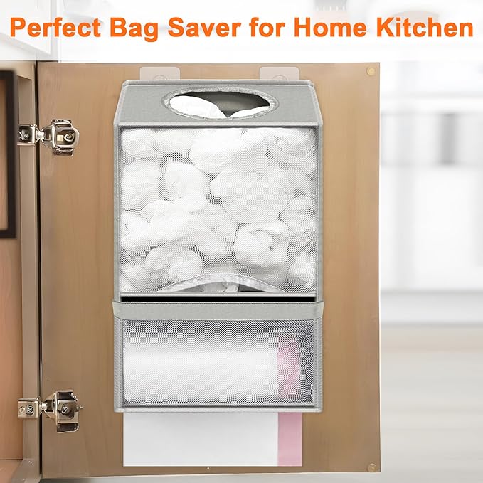 Spaclear Wall Mount Plastic Bag Holder - Large Oxford Cloth Grocery Bag Holder, 2-in-1 Plastic Bags Organizer with Trash Roll Dispenser for Home Kitchen Closet Cabinets Sink, Gray