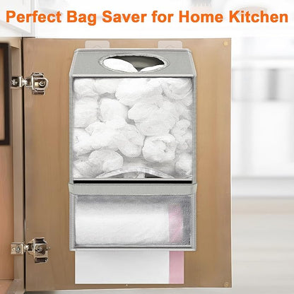 Spaclear Wall Mount Plastic Bag Holder - Large Oxford Cloth Grocery Bag Holder, 2-in-1 Plastic Bags Organizer with Trash Roll Dispenser for Home Kitchen Closet Cabinets Sink, Gray