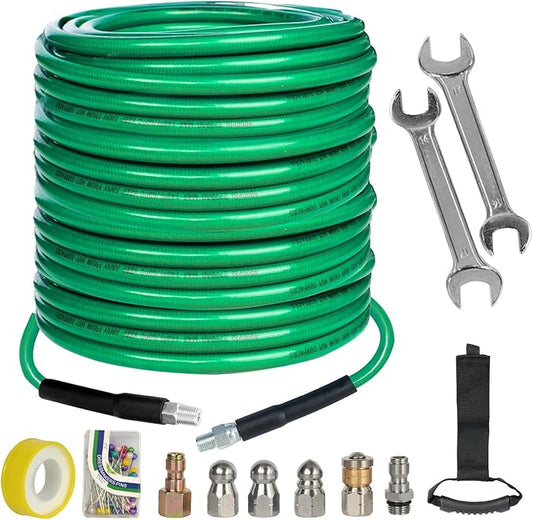 Hourleey Sewer Jetter Kit for Pressure Washer 150FT, 4000 PSI Drain Cleaner Hose 1/4 Inch NPT, Corner Rotating and Button Hose Sewer Jetting Nozzle Pearl Corsage Pin Tape Handle Strap Spanner, Green