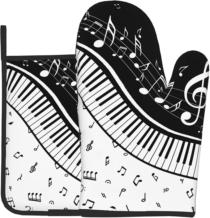 Oven Mitt and Pot Holders Sets - Music Kitchen Mitts Black White Piano Oven Gloves Hot Pads Set of 2 for Cooking BBQ Baking Grilling