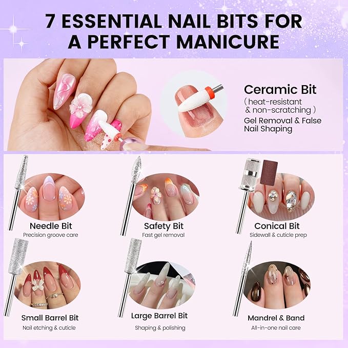 Nail Drill with Dust Collector Kit: 20000RPM Professional Electric Nail File for Acrylic Gel Removal, Manicure Pedicure Polishing, Complete Nail Tool Set in Cosmetic Bag for Home Beginners (Silver)