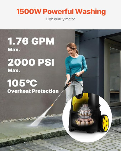 VEVOR Electric Pressure Washer, 2000 PSI 1.76 GPM, Portable Cleaner with 30ft Hose Reel, Foam Cannon & 5 Nozzles for Cars, Patios, Fences - ETL Listed
