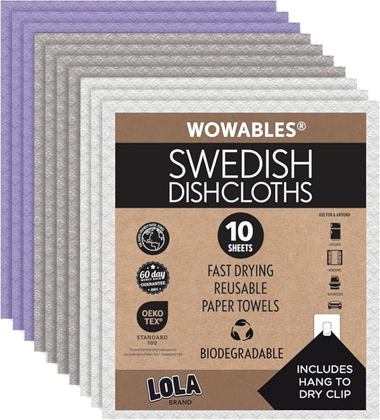 LOLA Swedish Dishcloths for Kitchen 10 Sheets, Biodegradable & Compostable Reusable Paper Towel Cleaning Cloths No Odor Washing Dishes Ultra Absorbent Cellulose Sponge Towel Made in Germany