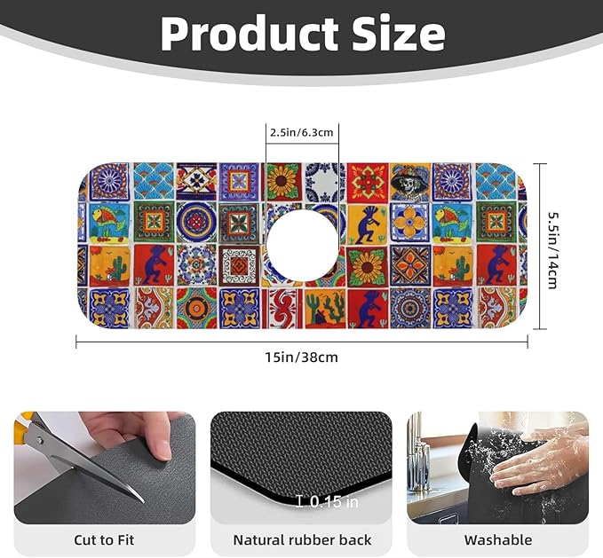 Mexican Tiles Multicolored Bright Colorful 15" X 5.5" Kitchen Sink Splash Guard Faucet Faucet Guard Draining Mat Sink Splash Guard Faucet Kitchen Bathroom