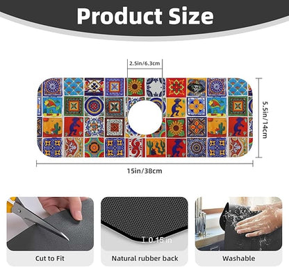 Mexican Tiles Multicolored Bright Colorful 15" X 5.5" Kitchen Sink Splash Guard Faucet Faucet Guard Draining Mat Sink Splash Guard Faucet Kitchen Bathroom