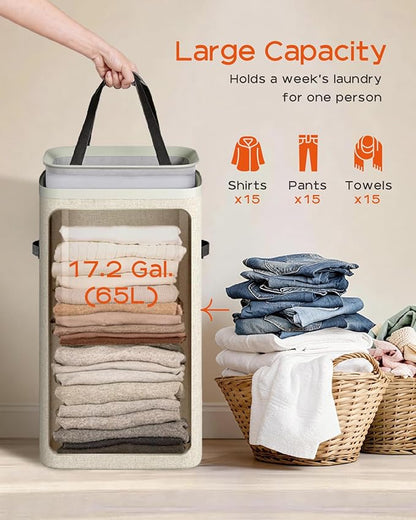 CASAMAYA Laundry Basket with Lid, Slim Laundry Hamper, 65L collapsible Laundry Organizer, Easy Assembly, with Handles and Removable Liners, 15.4 x 8.7 x 29.5 Inches, Beige JSP901M