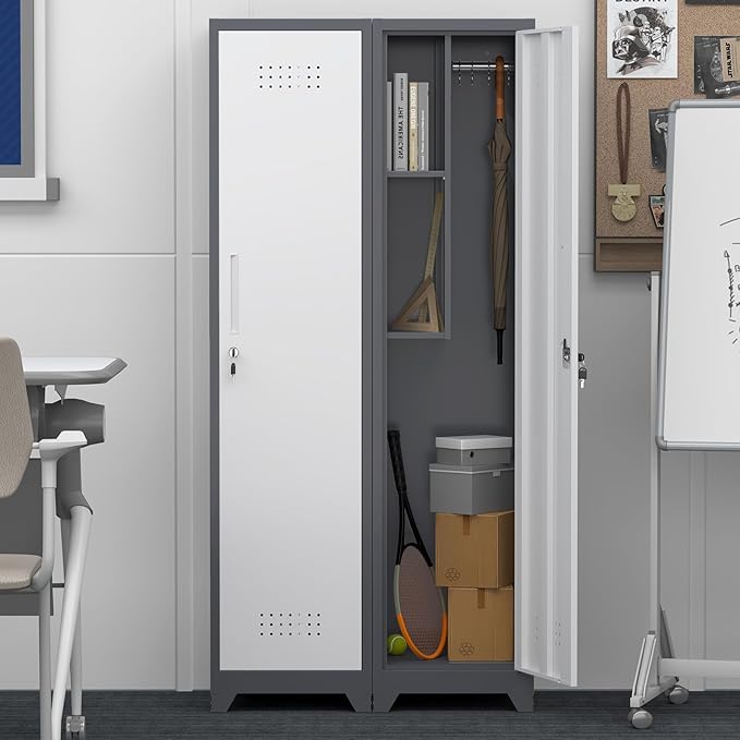 GREATMEET Slim Metal Utility Cleaning Storage Cabinet with Single Door, Narrow Tool Organizer for Brooms, Mops & Cleaning Supplies, Garage & Laundry Room Use, Grey White