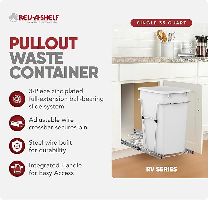 Rev-A-Shelf Single 35 Qt Pullout Trash Can for Base Kitchen Cabinets, Garbage Waste Bin System with Full Extension Slides, Min Opening Width of 11.5", White/Chrome, RV-12KD-11C