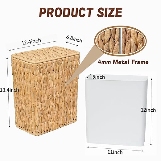 Wicker Trash Can,3 Gallon Bathroom Trash Can with Lid,Natural Water Hyacinth Wicker Waste Basket with Removable Liner, for Bedroom, Toilet, Narrow Spaces