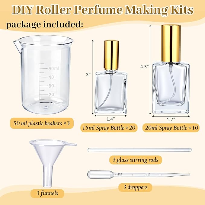 Sawysine 42 Pcs Clear Perfume Spray Bottle Set Includes 20 Bottles 15ml, 10 Bottles 20ml, 3 Plastic Beaker, 3 Glass Stirring Rods 3 Funnel and 3 Dropper for Perfume Making, Essential Oil, Liquid