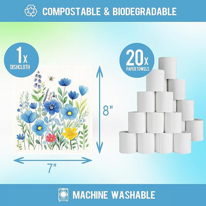 12 Pack Swedish Dishcloths with 2 Push Towel Hooks - Reusable Dish Cloths for Washing Dishes, Napkins Cleaning Cloth Washable - Flower Set
