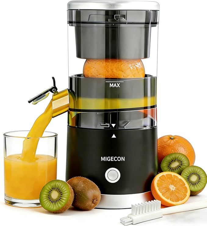 MIGECON Electric Citrus Juicer, Rechargeable Orange Juicer Squeezer with USB and Cleaning Brush, Portable Electric Juicer Machine, for Lemons, Limes, and Grapefruit, Black