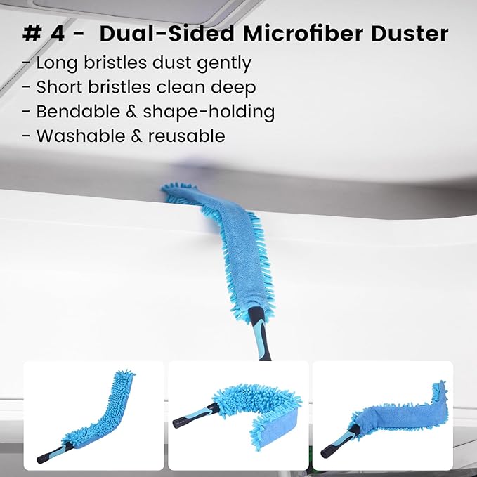 Ceiling Fan Duster Kit - 5-in-1 Cobweb Feather Duster & Squeegee Heads - Washable Bendable Microfiber - Fits Standard 3/4" Pole, Blue