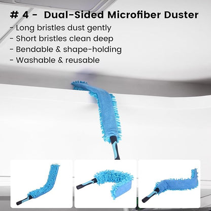 Ceiling Fan Duster Kit - 5-in-1 Cobweb Feather Duster & Squeegee Heads - Washable Bendable Microfiber - Fits Standard 3/4" Pole, Blue