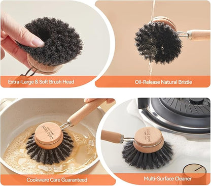 Dish Brush Set of 2, Wooden Handle Natural Bristle Scrubber, Non-Scratch Grease Absorbent for Non-Stick & Cast Iron Cookware, Kitchen Dishwashing Scrub Brush for Cleaning Dishes, Pots, Pans, Sink
