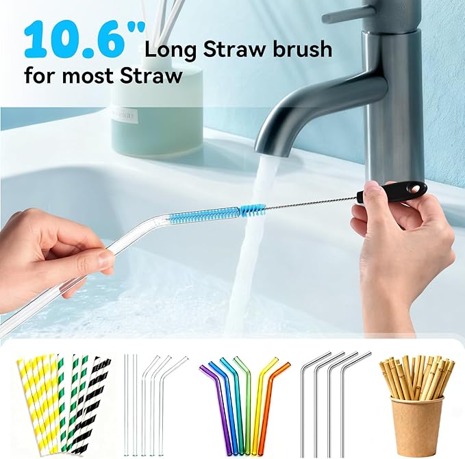 SLUXKE Long Handle Bottle Brush Set with Straw Cleaner Brush and 3 in 1 Cup Lid Cleaning Brush, Water Bottle Cleaner with Stainless Steel Handle for Cleaning Cup, Water Bottles, Tumblers, Baby Bottles