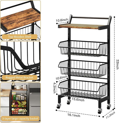 DGSANDGO 4-Tier Slim Rolling Storage Cart, Narrow Kitchen Cart with Lockable Wheels & Water-Resistant Wooden Tabletop, Small Space Utility Cart for Kitchen/Bathroom/Living Room/Laundry Room