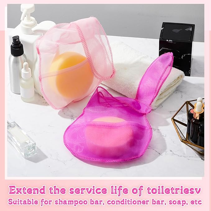 Nuanchu 2 Pcs Shampoo Bar Holder Bag Soap Saver Bag Beauty Shampoo Conditioner Bar Pouch Rabbit Shape Travel Soap Holder Loofah Bubble Foam Net Savers (Light Pink, Rose Pink,L)