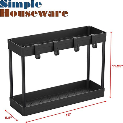 Simple Houseware 2-Tier Under Sink Organizer Storage Tray with Hooks, Black
