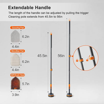 CLEANHOME Tile Tub Scrubber Brush with 3 Different Function Cleaning Heads and 56" Extendable Long Handle-No Scratch Shower Scrubber for Cleaning Bathroom Kitchen Toilet Wall,Bathtub,Sink,Grey